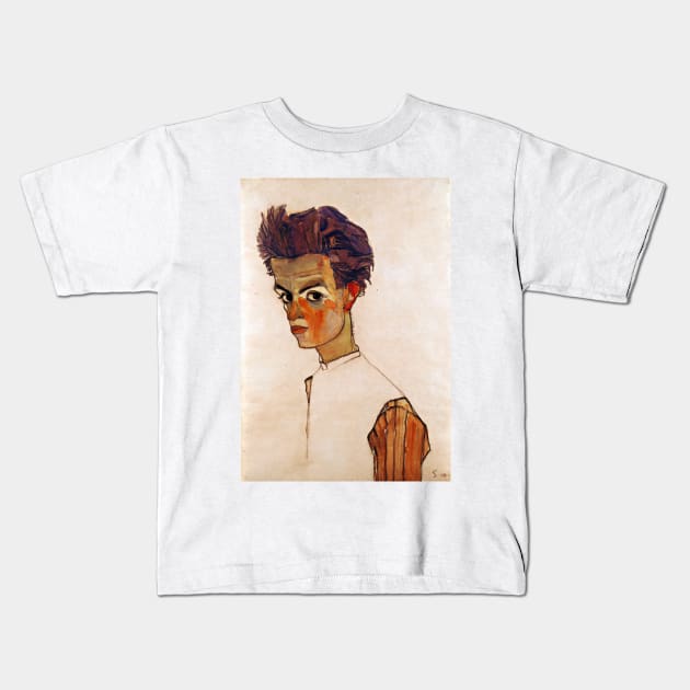 Egon Schiele Self-Portrait with Striped Shirt Kids T-Shirt by pdpress